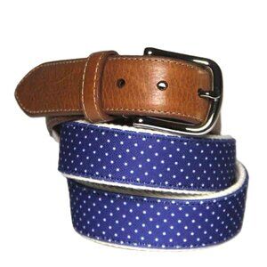 Donald Ross Leather and Canvas Belt Brown White Blue Polka Dot Men's Size 34